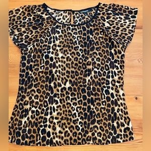 Express Women's Black Brown Leopard Scoop Neck Blouse Top Short, Size Medium
